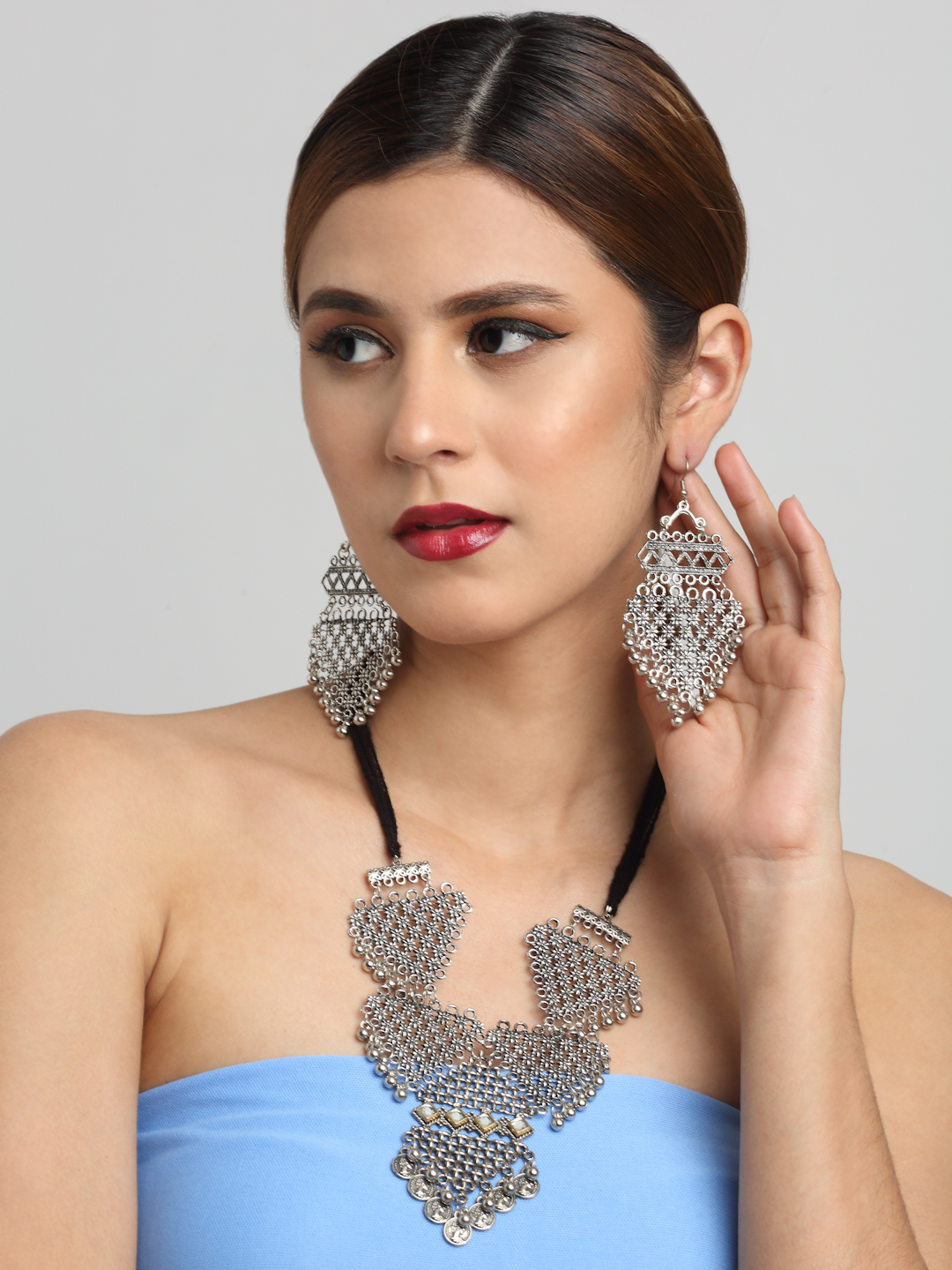 YouBella Jewellery Oxidised Silver Necklace Jewellery Set with Earrings for Girls and Women (Silver) (YBNK_50521)